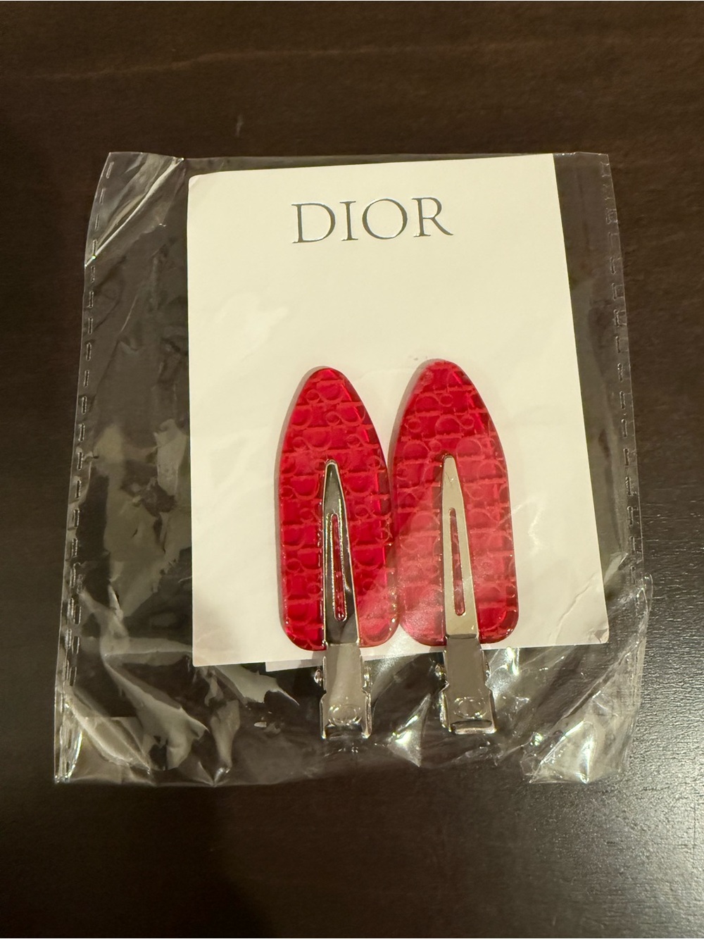 Dior Red Embossed Metal Snap Hair Clips - Pair